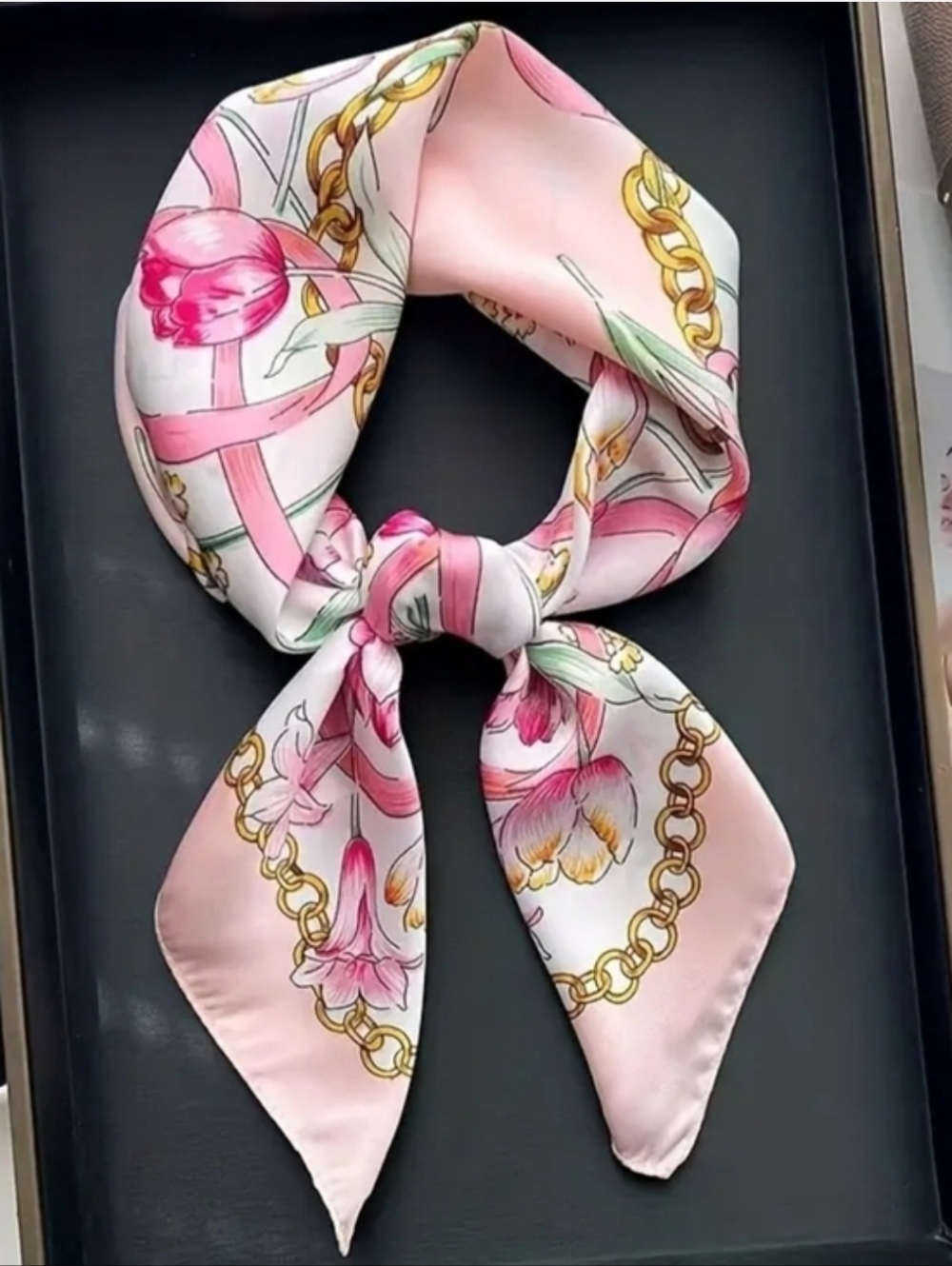 Pink Floral Silk-Feel Scarf with Gold Chain Motif - Picture 3 of 5